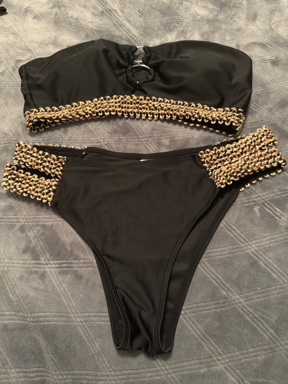 SHEIN Black and Gold Chain-Trim Bandeau Bikini